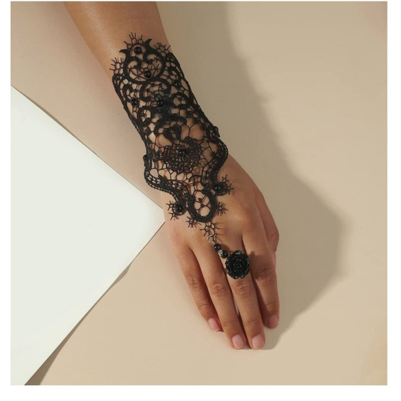 Goth Punk Style Bracelet Flower Ring In Black - Picture 2 of 6